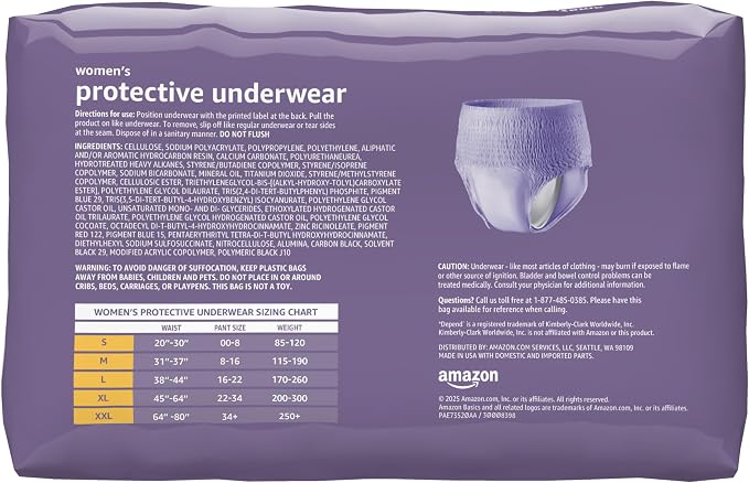 Amazon Basics Incontinence Underwear for Women, Disposable, Postpartum, Maximum Absorbency, Bladder Leak Protection, Odor Control, Comfortable Fit, Small, Lavender, 72 Count (3 Packs of 24)