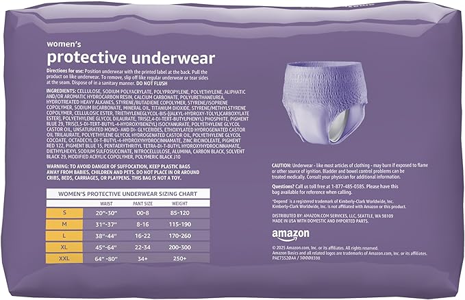 Amazon Basics Maximum Absorbency Postpartum Incontinence Underwear for Women, Protective, Disposable, Fresh Protection, Bladder Leak Protection, Small, Lavender, 24 Count