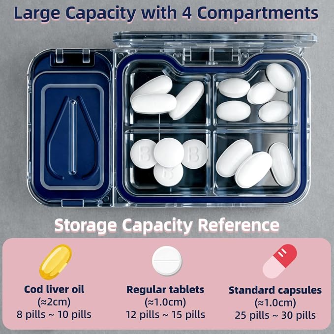 Pill Organizer with Pill Splitter Cutter, 4 Compartments Small Portable Medicine Case for Purse Pocket, Pill Vitamin Dispenser Holder, (Gray)