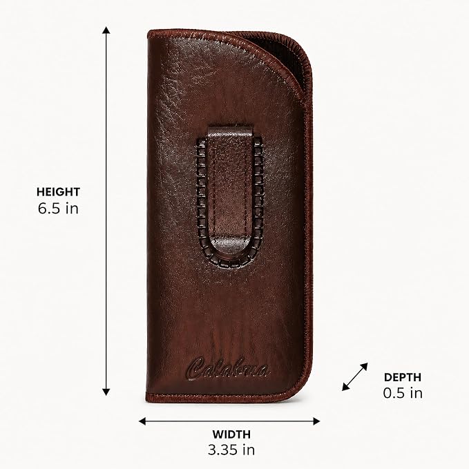 Calabria Slim Eye Glasses Case w/Clip Soft PU Leather Brown Men Women Eyeglasses Pouch Slip-In Eyewear Holder Sunglass Bag - 12PACK