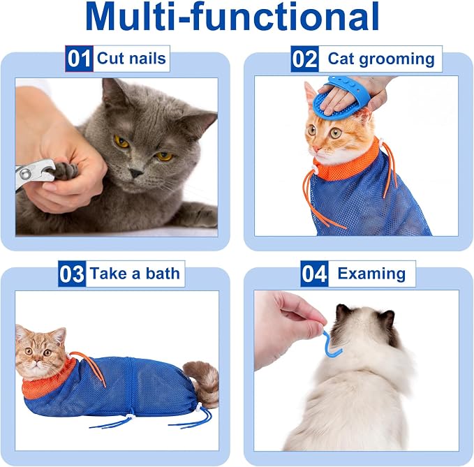 9 Pcs Cat Bathing Bag Set Cat Shower Bag Anti Bite and Scratch for Pet Grooming Washing Brush Comb Muzzle Nail Clipper Nail File Tick Tool (Navy Blue)