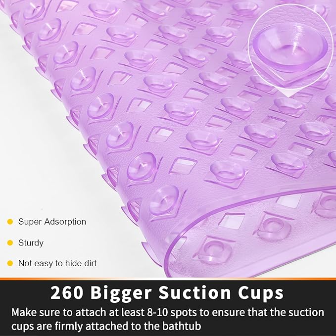 Yimobra Non Slip Bath Mat, Super Strong Suction Cups,34.5"x15.5"Long Tub Mat with Drain Holes, Machine Washable Fast Draining Shower Mats, Bathroom Essentials,Clear Purple