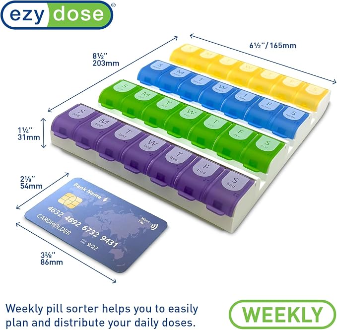 EZY DOSE Weekly (7-Day) Pill Case, Medicine Planner, Vitamin Organizer Box, 4 Times a Day, Large Compartments, Easy Fill All Compartments at Once Organizer, Multi-Colored, BPA Free | Pill Case, Medicine Planner, Vitamin Organizer Box, 4 Times a Day, Ea...