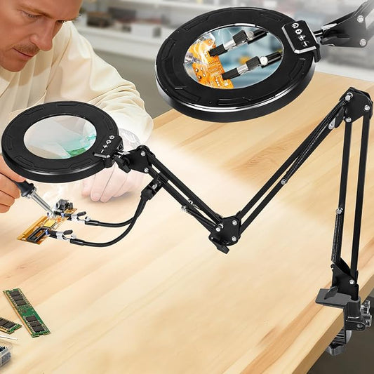12X Magnifying Glass with Light and Stand, Soldering Helping Hands | 3-Section Swing Arm Workbench Lighted Magnifier, 5 Color Stepless Dimming, LED Desk Lamp with Clamp for Craft Repair Reading