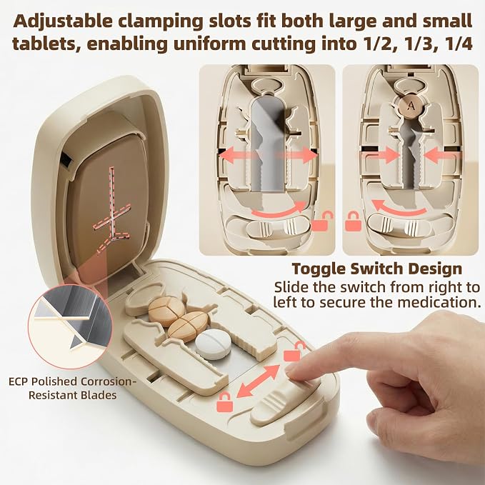 Adjustable Slot Pill Cutter - Fits Small/Large Pills, Vitamins, Oval/Long Tablets | 1/2, 1/3, 1/4 Even Splitting, Dual Fixing Clips, Multi-Pill Cutting, Precision Split, Hidden Sharp Blade