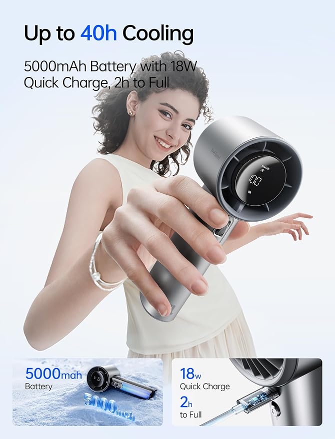 JISULIFE Handheld Fan Pro1S - Next-Gen Airflow: Up to 40H Runtime | Electroplated ABS-Luxury Shine, 1-100 Speed Scroll Wheel, 5000mAh-Portable Fan for Travel, Gifts for Women(Chrome Silver,1Pc)