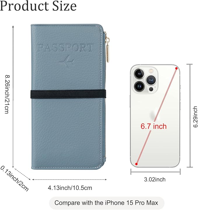 TIGARI Rfid Passport Wallet for Women, Travel Wallet Passport Holder for Travel, Leather Zipper Pocket Card Slots Purses, Travel Document Organizer Waterproof Travel Accessories (Blue)