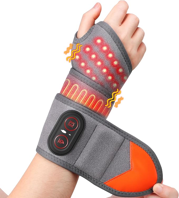 Cordless Wrist Heating Pad for Pain Relief, Wrist Massager for Carpal Tunnel, Heated Wrist Wrap Brace for Arthritis, Red Light Therapy Wrist Brace with 3000mAh Rechargeable, Gray
