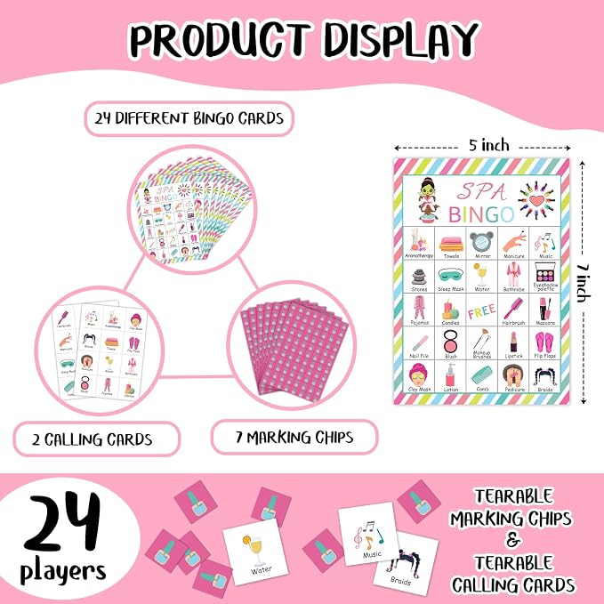 Spa Party Bingo Cards, 24 Player Beauty Themed Party Bingo Game for Family Adult, Sleepover Party Favor, Large Group Party Celebration Activity -03