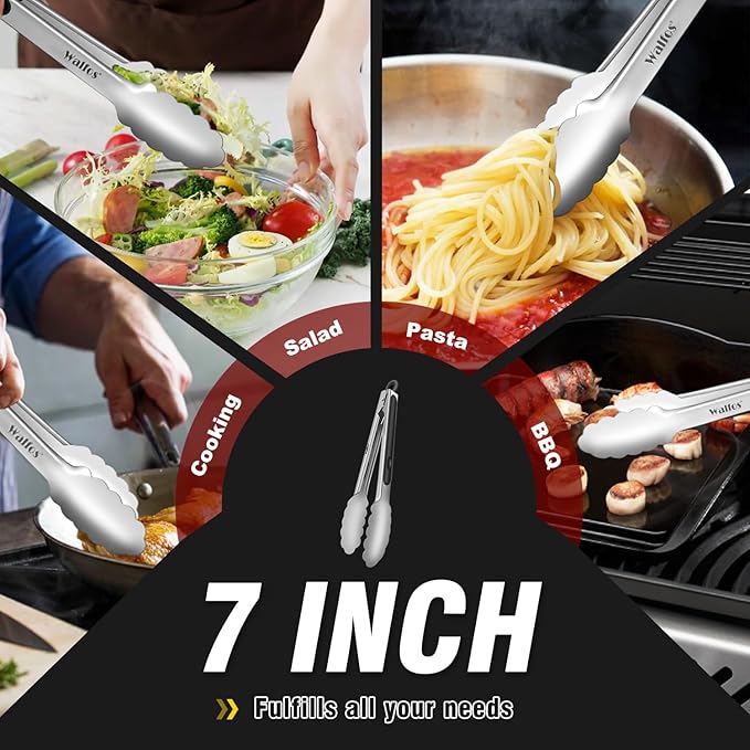 Walfos 7 inch Small Kitchen Tongs for Cooking, Mini Silicone Serving Tongs, Great for Cooking, Salad, Grilling, Pasta, Steaks, Vegetables