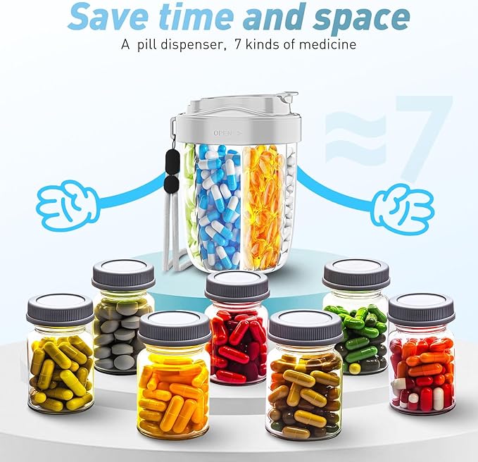 Large Pill Dispenser to Store 7 Various Supplements - Pill Organizer & Supplement Organizer for Travel, Anti-Mixing Design, with Strap & 20 Sticky Labels（Light Gray）