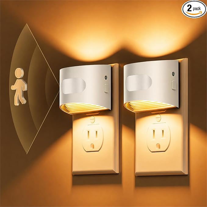 L LOHAS LED Motion Sensor Night Light, Night Lights Plug into Wall, Amber | Plug in Night Light with Dusk to Dawn Sensor, 30-100lm Adjustable Brightness, White Housing 2 Pack