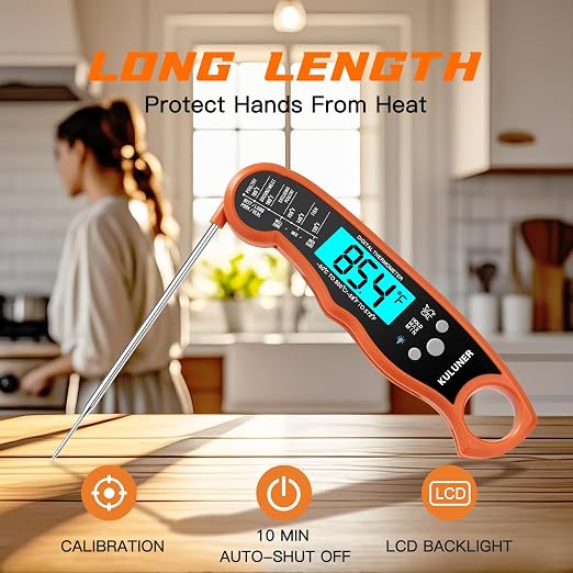 Digital Meat Thermometer Instant Read, Orange Waterproof Food Thermometer with 4.6" Folding Probe, Backlight & Calibration, 2-3s Fast Reading for Kitchen BBQ Grilling Cooking - Orange
