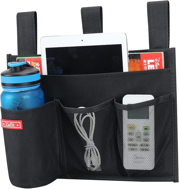 Zafit Hanging Bedside Caddy, Bedside Storage Organizer for Magazine, Phone, Remote control (4 Pockets-Black)