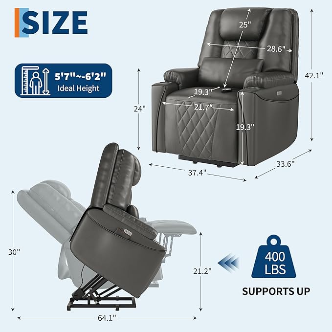 Garvee Power Lift Recliner Chair Sofa, PU Leather Reclining with Charging Ports, Cup Holders, Electric Stand Assist for Elderly, Home Theater Seating with Remote for Living Room, Gray