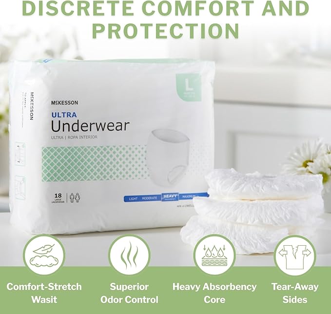 McKesson Ultra Adult Incontinence Underwear, [18 Count], Heavy Absorbency, Large, 44-58 in. Unisex Bladder Leak Protection, Pull-On Style with Tear-Away Sides, Postpartum and Incontinence Support