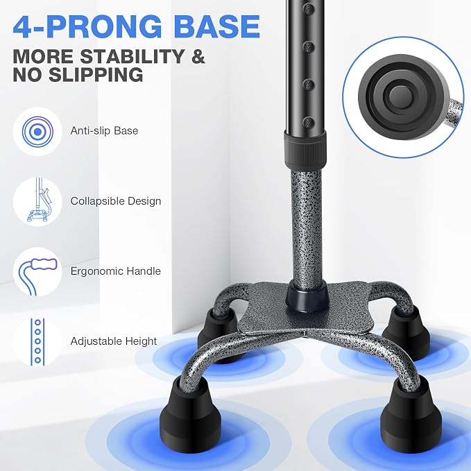 Quad Cane, 4 Prong Walking Cane for Men & Women, Heavy Duty| Adjustable Walking Canes for Seniors Balance, Self Standing Cane with Ergonomic Handle(330lb)