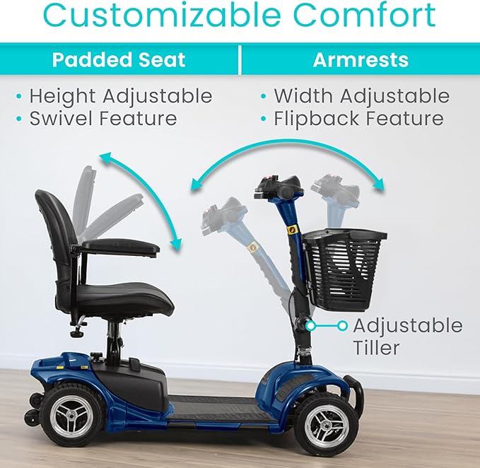 Vive 4 Wheel Mobility Scooter - Electric Powered Wheelchair Device - Compact Heavy Duty Mobile for Travel, Adults, Elderly - Long Range Power Extended Battery with Charger & Basket