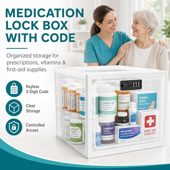 2 Pack Large Medication Lock Box with Code, Clear Lockable Storage Box for Refrigerator, Cabinet & Dorm, Stackable Medicine Box for Prescriptions, Snacks, Phone, 11.9" x 9.3" x 7.6", White
