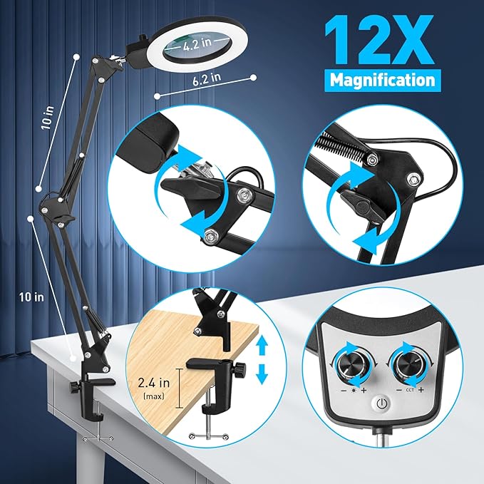 KIRKAS 12X Magnifying Glass with Light and Stand, Any Color Modes & Stepless Brightness LED Magnifying Lamp with Clamp, 2-in-1 Magnifier Glass Lens Desk Lamp for Crafts Hobby Reading Close Work