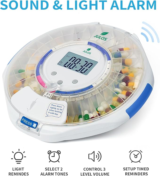 JULOS Bluetooth Automatic Pill Dispenser with App Alarm for Elderly | Tracks Adherence History, 28-Day Pill Organizer with Sound/Light Reminders & Safety Lock Key for Seniors, Caregivers Care