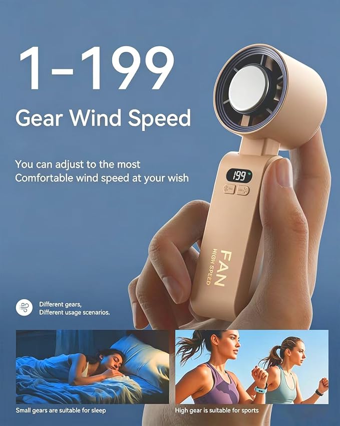 Handheld Portable Turbo Fan with Ice Cooler, Speed (1-199) 5500mAh Rechargeable Personal Fan,[20H Cooling Time] Mini Yet Powerful [20000 RPM] Small Pocket Fans for Travel/Outdoor/Home/, Gold Pink