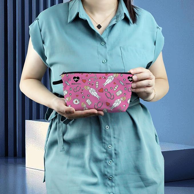 Livel lhood Pink Nurse Doctor Small Makeup Zipper Bag | Pink Nurse Doctor Printed Cosmetic Organizer Pouch, Pink Nurse Doctor Gift for Women Friends
