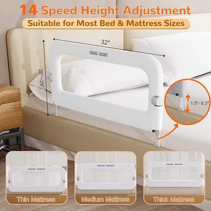 Bed Rail for Toddlers, 32 Inch Toddler Bed Rails, Bed Rail for Baby(White) | Adjustable Heights, Folding up Portable, Safe Metal Frame, For Baby, For Crib, Twin, Bunk, Full Size, Queen & King Bed