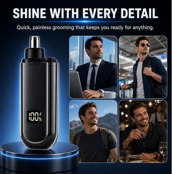 Portable Nose Hair Trimmer for Men Women, Update Ear and Nose Hair Trimmer Clipper, Waterproof Dual Edge Blades Nasal Trimmers with LED Display, USB-C Rechargeable Facial Hairs Remover, Mini Size
