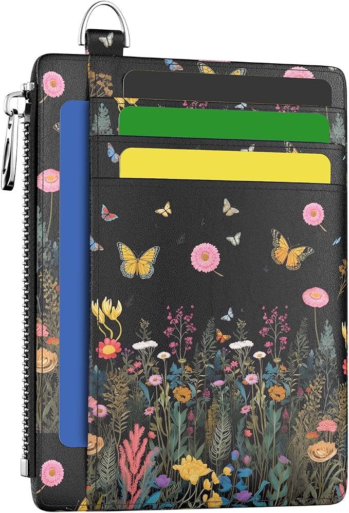 Hancynir Butterfly Flower Slim Wallet Women Credit Card Holder, Small RFID | Zipper Pocket Wallet, Thin Travel Coin Purse, PU Leather, Minimalist Card Case, 6 Card Slots, ID Window, Ladies Women Gifts