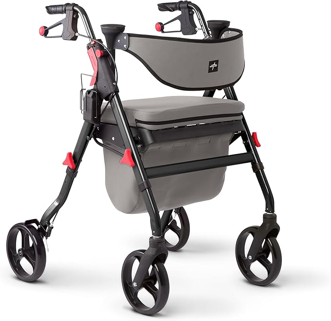 Medline Premium Empower Rollator Walker with Memory Foam Seat, Gray & Black, 300 lb. Weight Capacity, 8” Wheels, Microban* Technology, Cupholder, Rolling Walker for Mobility Impairment