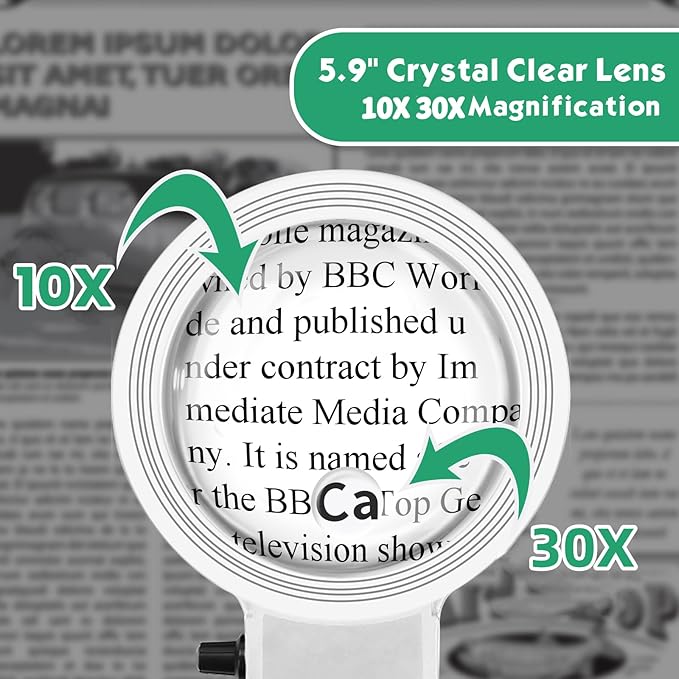 10X 30X Large Magnifying Glass with Light and Stand,36 LED Flexible Gooseneck Floor Magnifying Lamp,Adjustable Brightness Lighted Magnifiers for Reading,Sewing,Crafts,Painting,DIY,Close Work