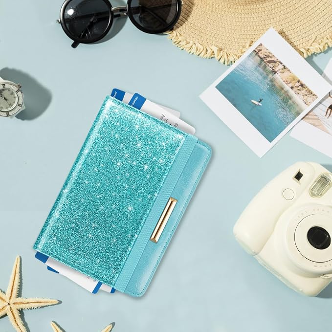 Coco Rossi Passport Holder for Travel Women Slim RFID Passport Cover Wallet | Travel Essentials, Passport Book Holders, Passport Wallet Cover Case, PU Leather, Cute, Thin, Spliced Design, Glitter Teal