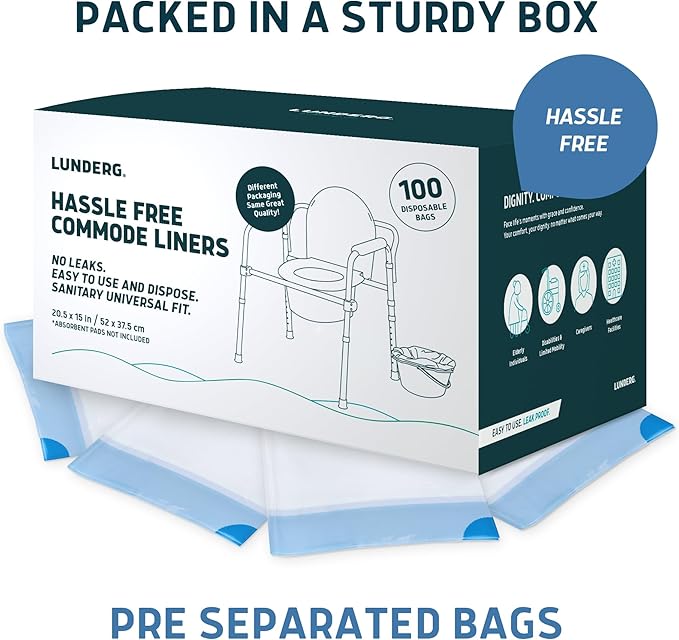 Lunderg Commode Liners - Value Pack 100 Count Universal Fit | Medical Grade Bedside Liners Disposable for Adult Commode Chair, Portable or Camping Toilet Bags
