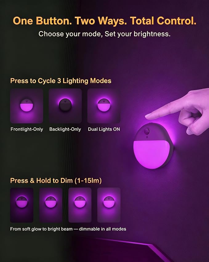 Purple Motion Sensor Night Light Battery Operated, Dim Sticky Light | 2 Pack, 3 Modes, Dimmable 1-15lm, Soft Glow, Wireless Motion Activated Violet Light for Girls, Bathroom, Bedroom, Adults