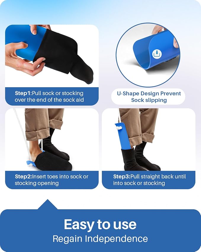 Jellas Sock Aid for Putting On Socks Kit,4.6 Inch Sock Helper for Seniors | Flexible Long Rope Design, Easy Put On Take Off Socks, Comfort Independence Helper, Blue