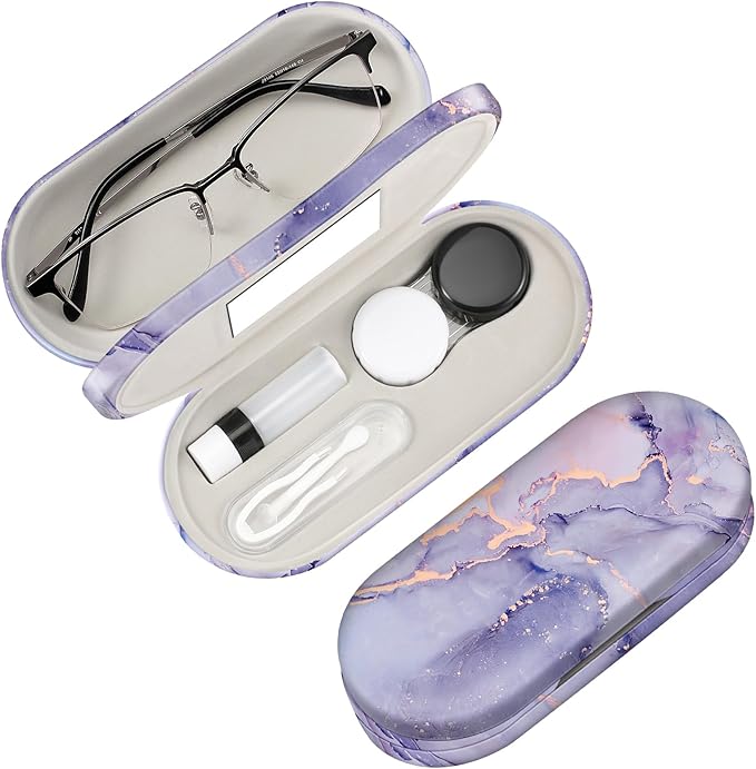 Fintie 2 in 1 Contact Lens Case and Eyeglasses Case, Double Sided Portable Eyeglasses Travel Holder with Built-in Mirror, Tweezer and Contact Lens Solution Bottle Included