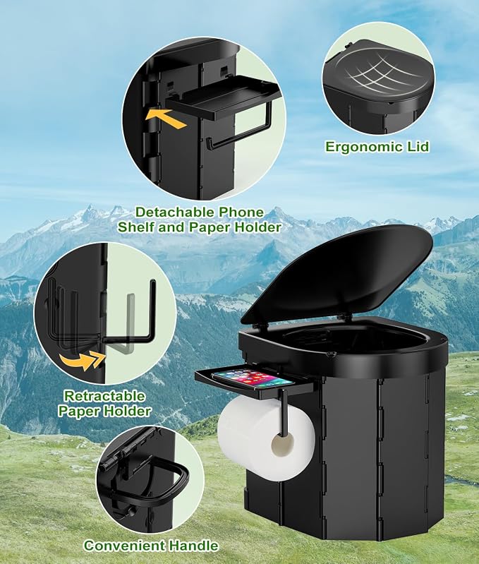 Portable Camping Toilet, Foldable Toilet for Adults with Detachable Phone Shelf and Toilet Paper Holder, Waterproof Porta Potty with Lid for Camping, Hiking, RV Travel, Road Trips