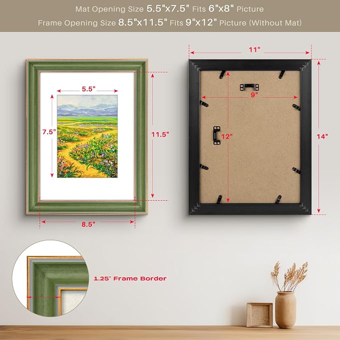 Golden State Art, 9x12 Photo Frame With Mat for Pictures 6x8 and Real Glass (Green With Gold Trim - White Color Mat, 1.25 Inch Frame Border)
