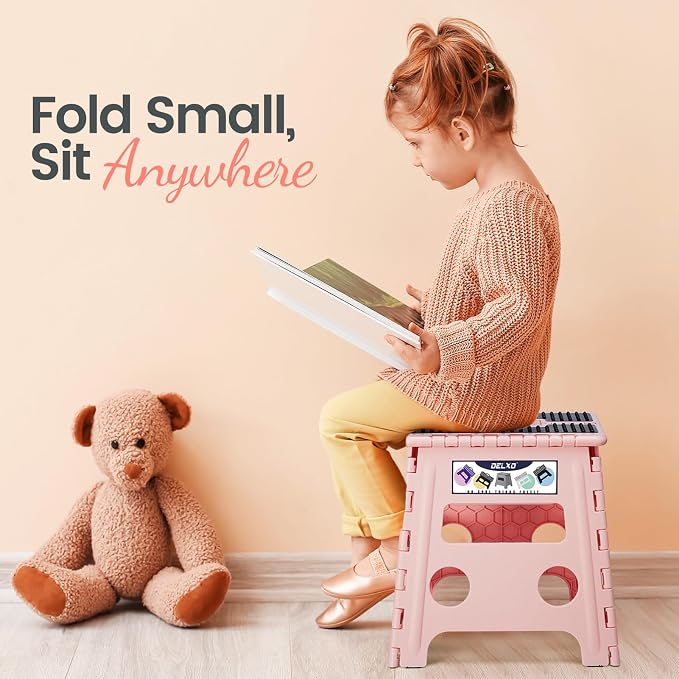 Delxo Folding Step Stool, 13 inch Non-Slip Foldable Stools Up to 300 LBS, Step Stool with Handle, Lightweight for Kitchen, Bathroom, Bedroom, Garden Stepping Stool with Dotted, Pink,1 PC