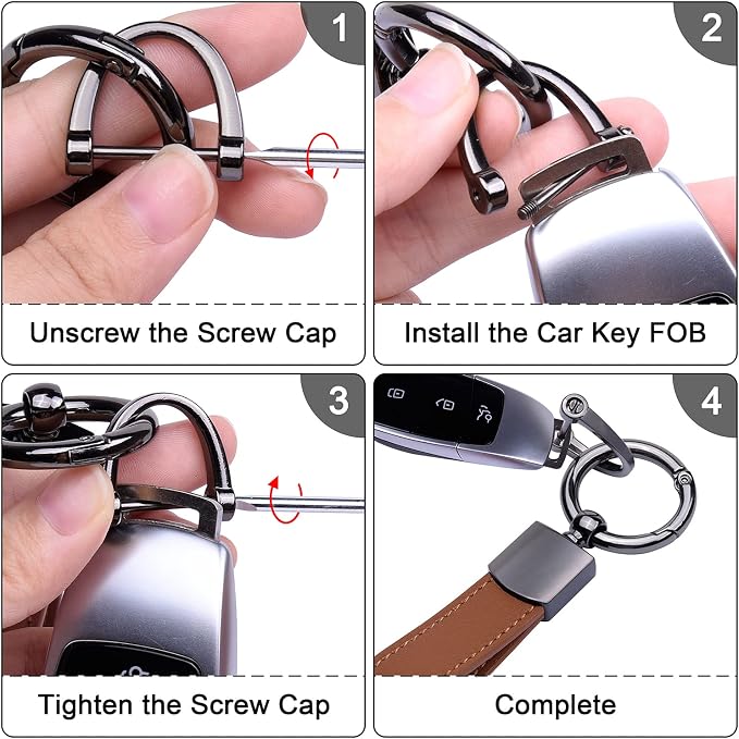 Wisdompro Genuine Leather Car Keychain, Universal Key Fob Keychain | Leather Car FOB Key Chain Holder for Men and Women, 360 Degree Rotatable, with Anti-lost D-ring and 3 Keyrings