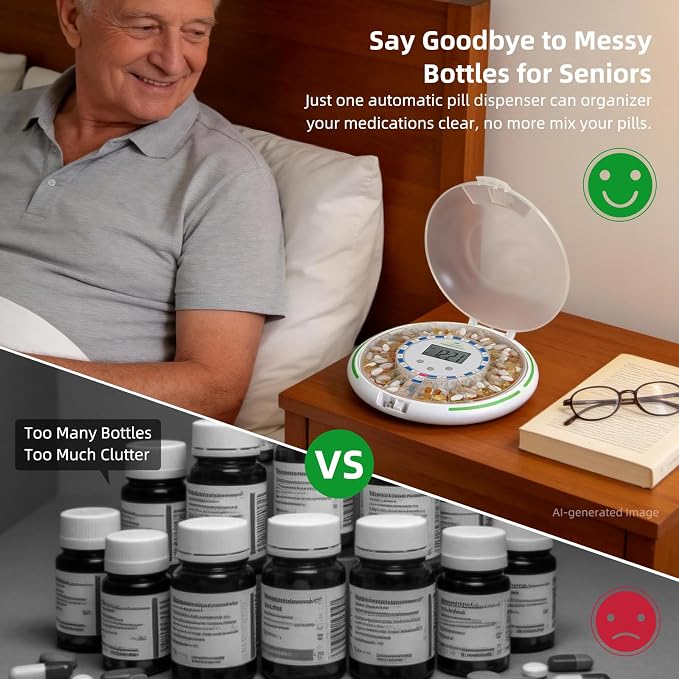 EziMedPil 28-Day Locked Automatic Pill Dispenser with Frosted Privacy Lid | Sound-Light Reminder, 6 Daily Alarms & Dosage Rings, LCD Display & Built-in Magnifier for Dementia & Chronic Disease Seniors