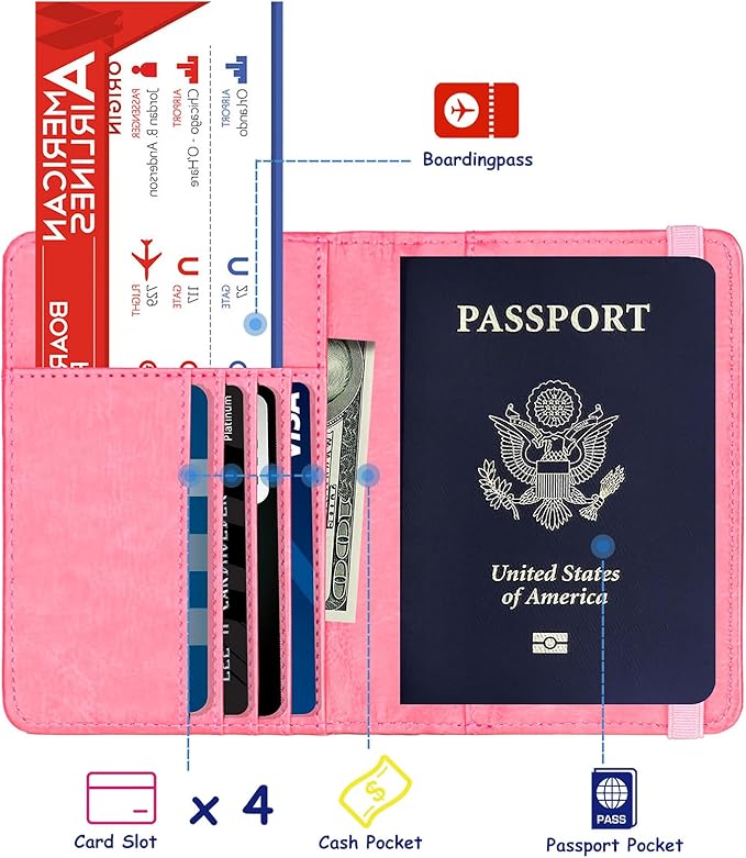 TOURSUIT RFID Blocking Passport Holder, Leather Travel Wallet, Pink | Travel Document Holder Cover Accessories, 3D Metal Badge, For Women Men