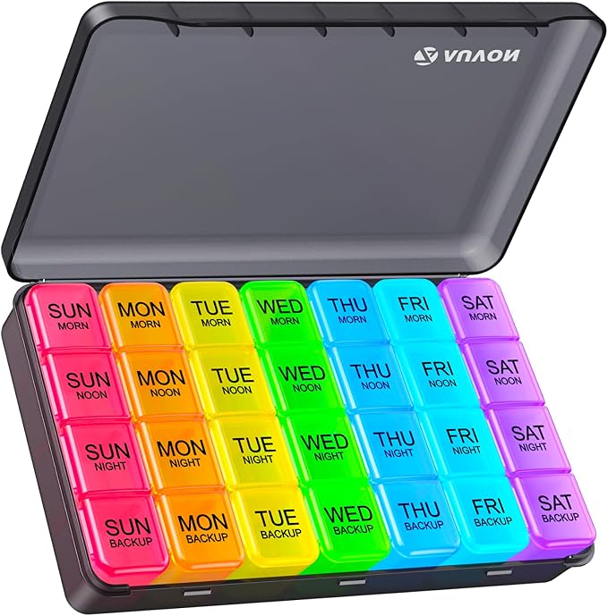 AUVON Weekly Pill Organizer 4 Times a Day with Face-Up Labels for Easy Track, Large Pill Box 7 Day with Dual Protection, Removable Containers for Travel, Pill Case for Medication, Vitamins, Fish Oils