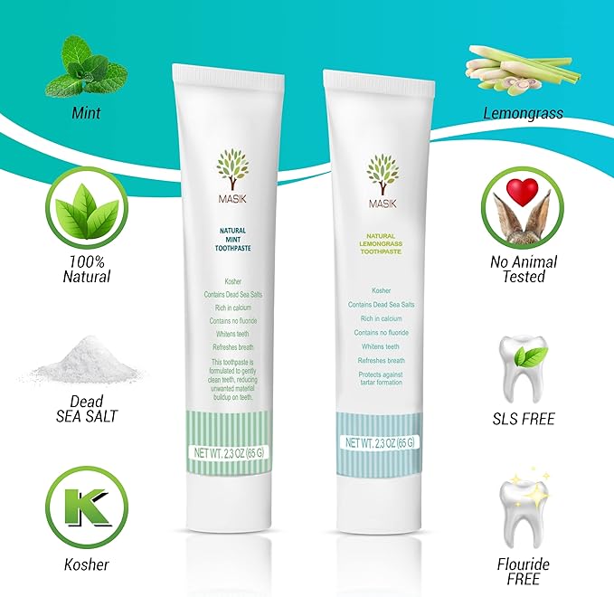 Masik Natural Toothpaste – Whitening & Sensitive Teeth | Dead Sea Salt | Stain & Plaque Remover | Bleeding Gums & Canker Sore Care | Floride & SLS-Free | Non-Foaming | Made in Israel (Mint, 3-Pack)