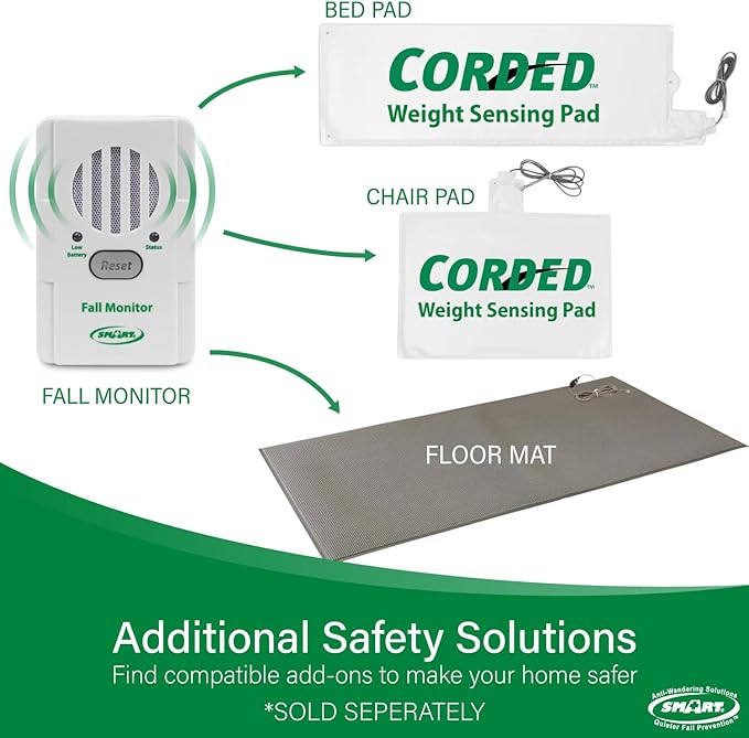 Smart Caregiver Bed Alarm for Elderly Adults – Fall Prevention System with 10"x30" Weight-Sensing Bed Pad – Automatically Alerts Caregiver When They Get Up