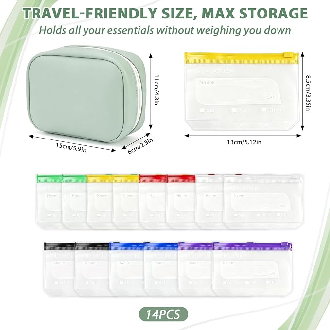 A8 Waterproof Pill Organizer, Waterproof Pill Pouch Set, Travel Medicine Organizers with 14 Color-Coded Pouches, Leakproof Reusable Zippered Storage Case, Compact Daily Pills Holder (Green)