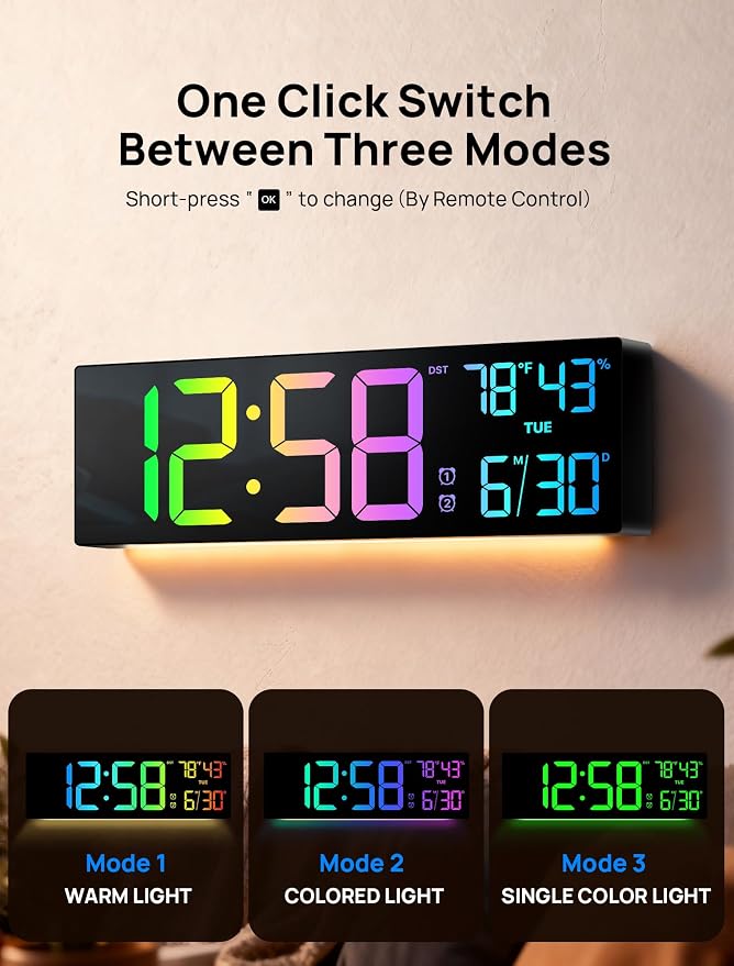 18.5" Large Digital Wall Clock with Remote Control, Big LED Display Digital Clocks with Night Light, Alarm, Countdown, DST, Temp, Date for Parlor, Office, Classroom, Bedroom, Gifts for Seniors(Black)