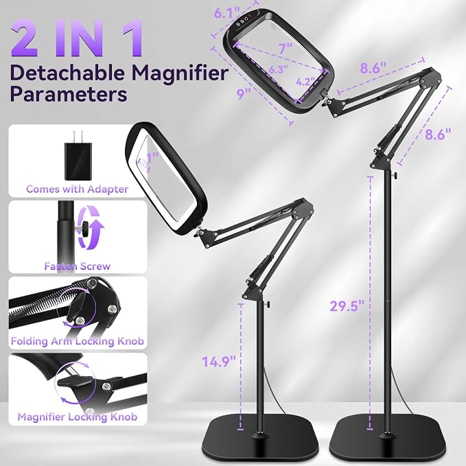 30X 10X Extra Large Floor Magnifying Glass with Light and Stand | 7-inch Adjustable Height Floor Magnifying Lamp,2 in 1 Lighted Magnifiers for Close Work, Sewing,Crafts,Hobbies,Reading,B