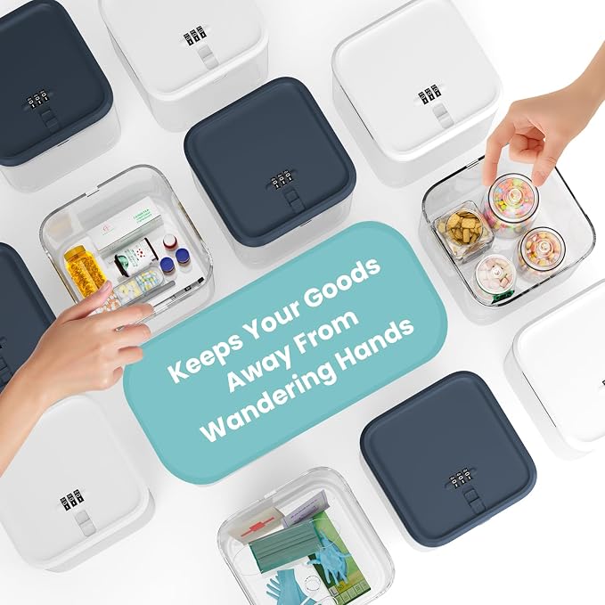 Medicine Lock Box for Safe Medication, Clear Lockable Storage Box for Snacks Food, Phone Lock Boxes with Combination Code for Home/Dorms/Office Storage Lockers (White)